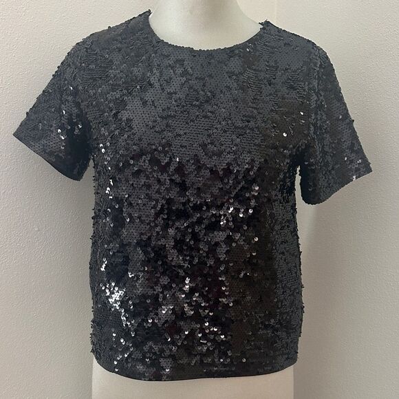 Michael Kors black sequin short sleeve top blouse XS back zip - Picture 1 of 8